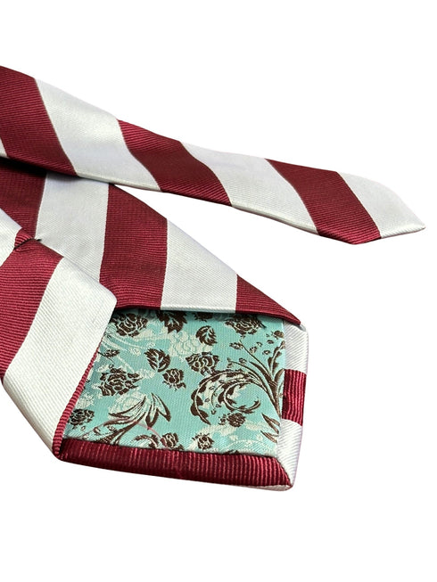 maroon and  white barber stripe tie